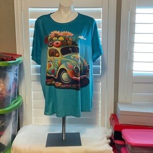 SHEIN Teal Floral Car Graphic Tee